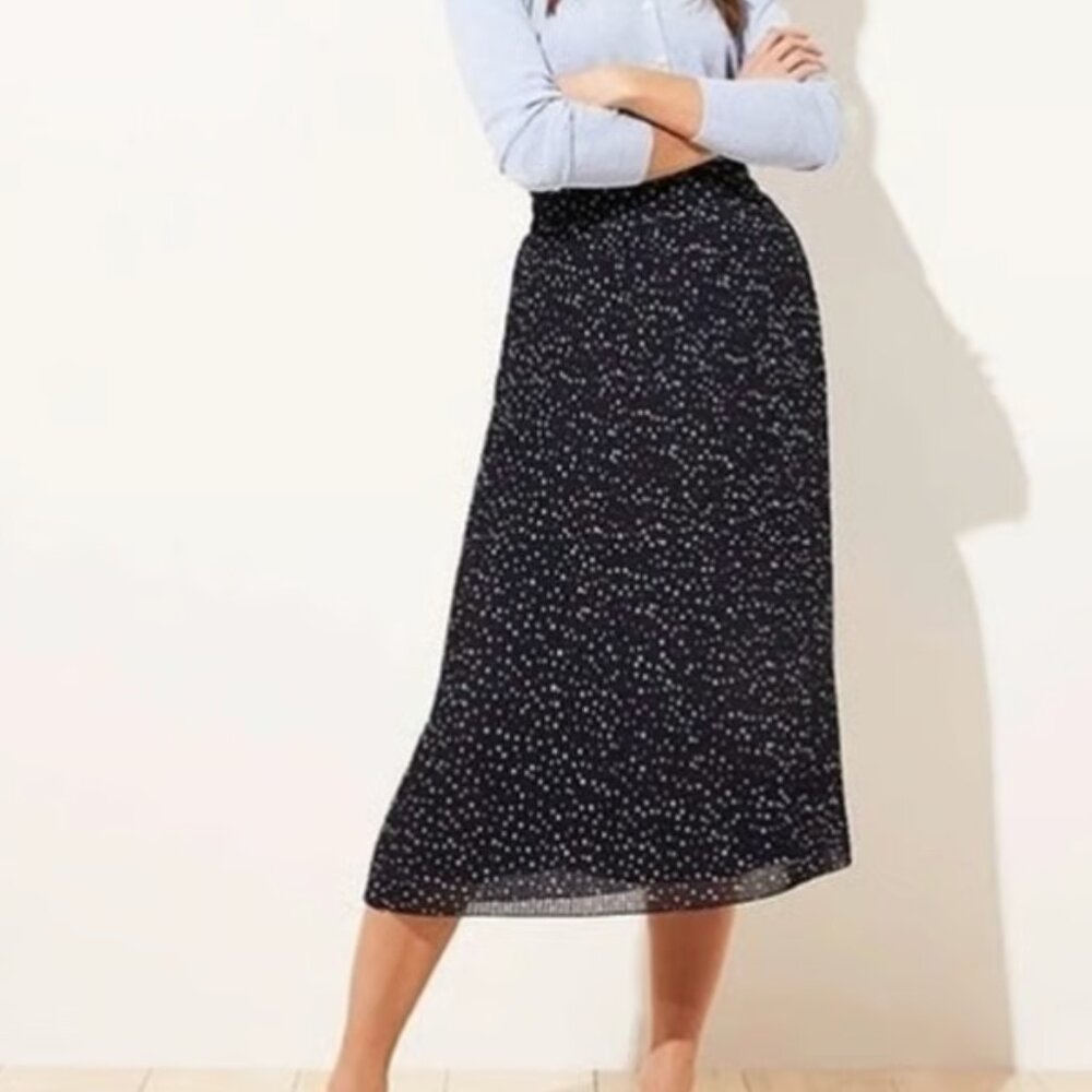 LOFT Navy Blue Polka Dot Pleated Midi Skirt, XL